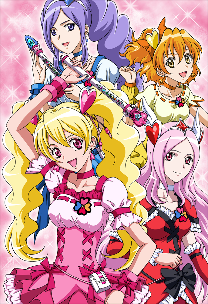 4girls, aono_miki, berry_sword, blonde_hair, breasts, brooch, brown_eyes, brown_hair