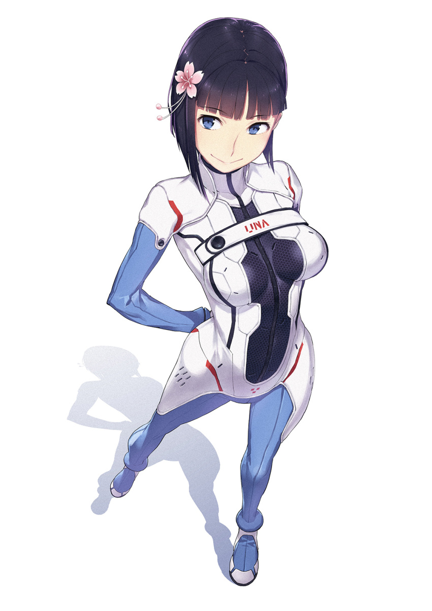 1girl, arm_behind_back, blue_eyes, blue_hair, bodysuit, flower, hair_flower, hair_ornament