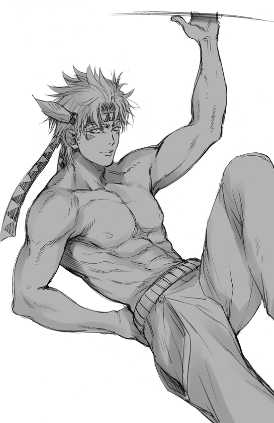 1boy, caesar_anthonio_zeppeli, facial_mark, feathers, greyscale, headband, jojo_no_kimyou_na_bouken, kurenai_karasu, monochrome, shirtless, solo