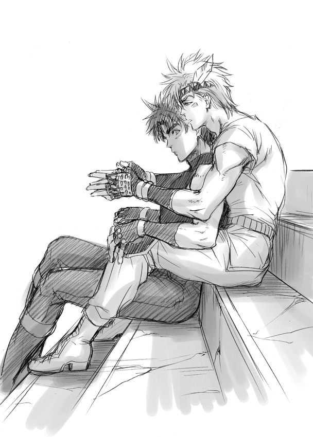 2boys, caesar_anthonio_zeppeli, fingerless_gloves, gloves, greyscale, headband, jojo_no_kimyou_na_bouken, joseph_joestar_(young)