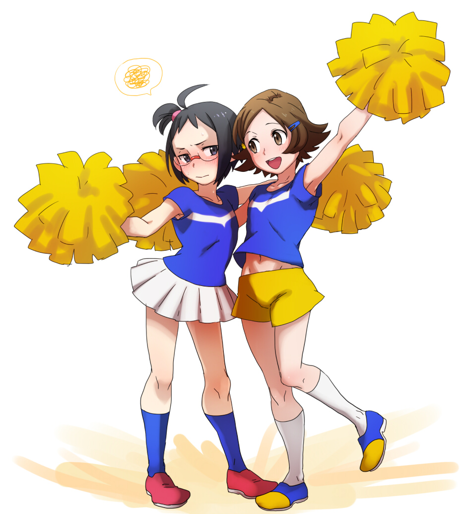 2boys, :>, @@@, ahoge, black_eyes, black_hair, blush, brown_eyes