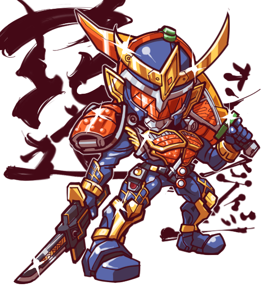 1boy, armor, belt, dual_wielding, food, fruit, kamen_rider, kamen_rider_gaim, kamen_rider_gaim_(series), male, mask, orange, solo, sparkle, sword, wanaata, weapon