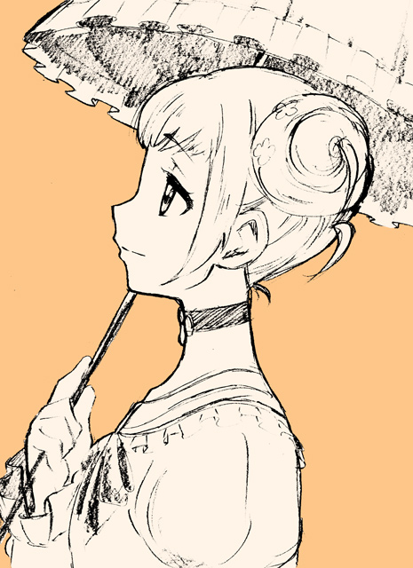 1girl, bust, choker, dokidoki!_precure, double_bun, hikari_(mitsu_honey), light_smile, looking_up, monochrome, orange_background, parasol, precure, profile, solo, umbrella, yotsuba_alice