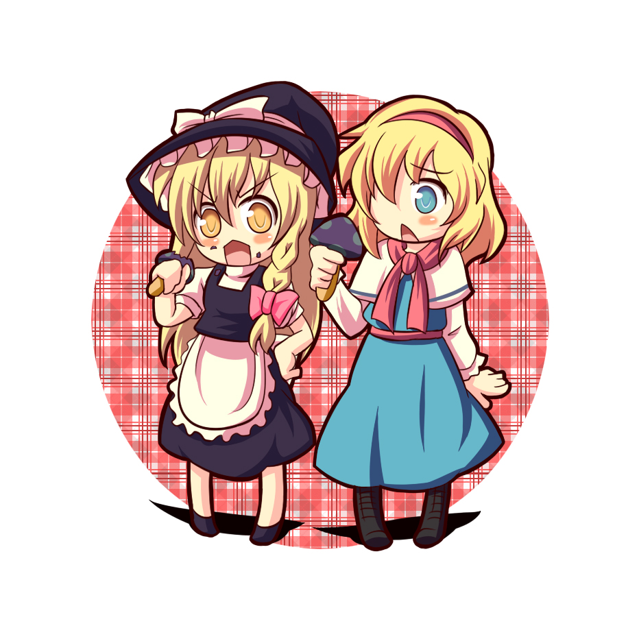 alice_margatroid, blue_eyes, braid, chibi, dokuta, dress, eating, hair_ribbon