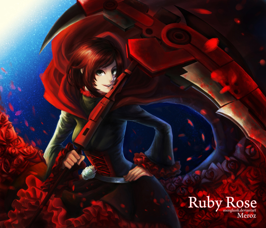 cape, flower, meroz, petals, redhead, rose, rose_petals, ruby_(rwby)