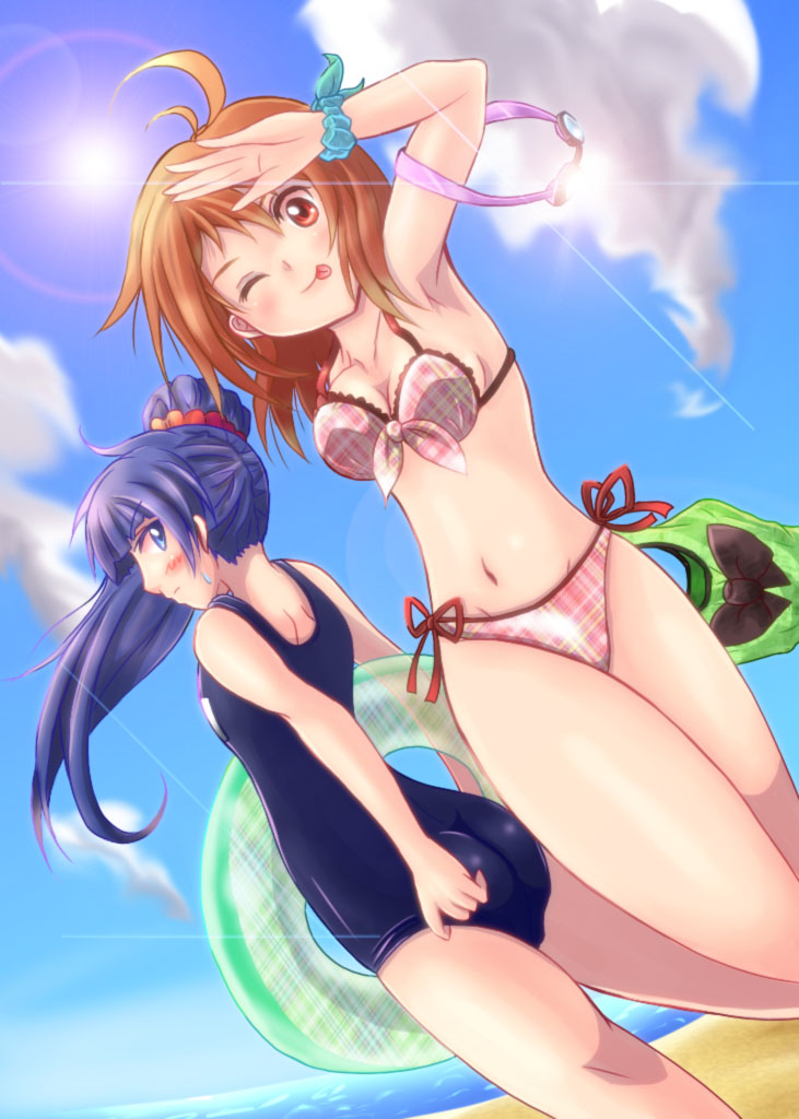 2girls, bikini, blue_eyes, blue_hair, brown_hair, innertube, mi_(twin_te_shikou), multiple_girls
