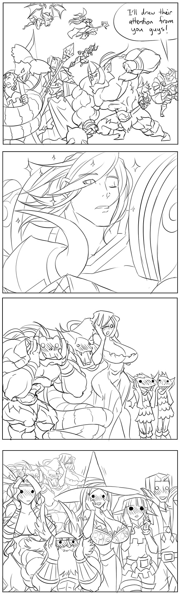 4koma, amazon_(dragon's_crown), blush, boots, breasts, comic, commentary, demon_girl, dragon's_crown, dwarf_(dragon's_crown), elf_(dragon's_crown), english, everyone, everyone_fighting, fighter_(dragon's_crown), goblin, hair_flip, hands_on_own_face, hat, headwear_removed, helmet, helmet_removed, highres, horned_helmet, huge_breasts, matsu-sensei, monochrome, orc, sorceress_(dragon's_crown), sparkle, succubus, thigh-highs, thigh_boots, witch_hat, wizard_(dragon's_crown)