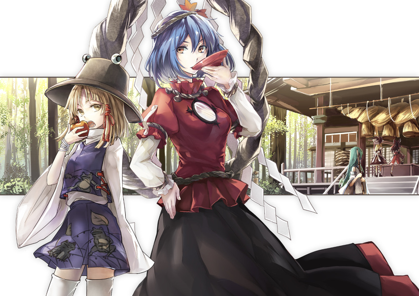 5girls, apple, bamboo_broom, black_legwear, blonde_hair, blue_hair, broom, brown_hair
