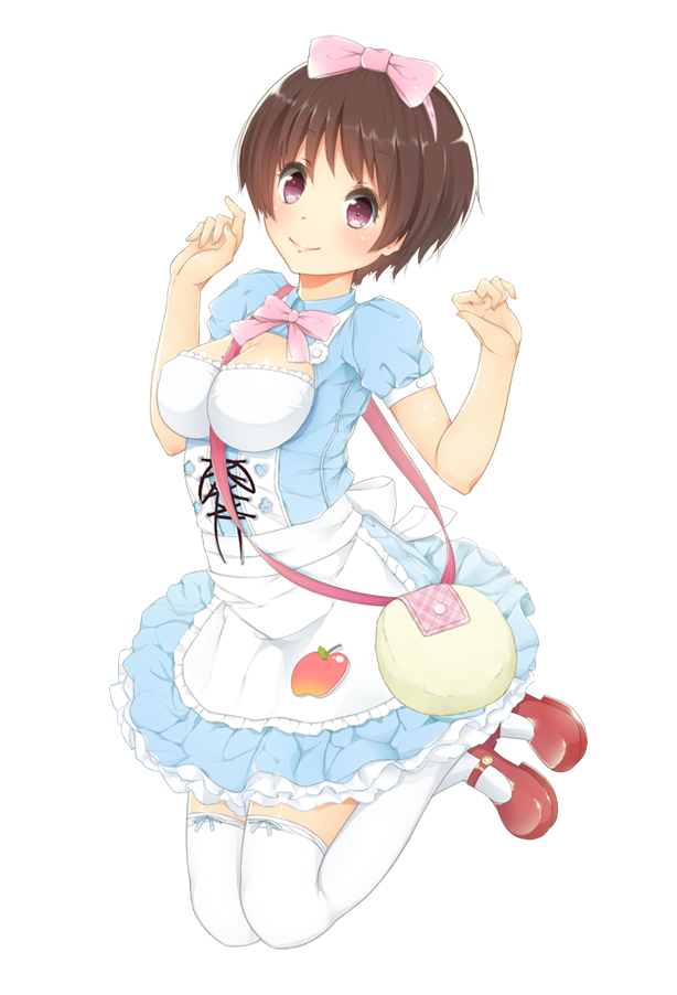 1girl, alice_in_wonderland, bag, between_breasts, bow, brown_hair, chuunibyou_demo_koi_ga_shitai!, cleavage_cutout, cross-laced_clothes, dress, frills, hair_bow, handbag, jumping, lip_balm, mary_janes, mole, nosaki_viola, puffy_short_sleeves, puffy_sleeves, red_eyes, red_shoes, ribbon, shoes, short_hair, short_sleeves, smile, solo, thighhighs, tsuyuri_kumin, white_background, white_legwear, zettai_ryouiki