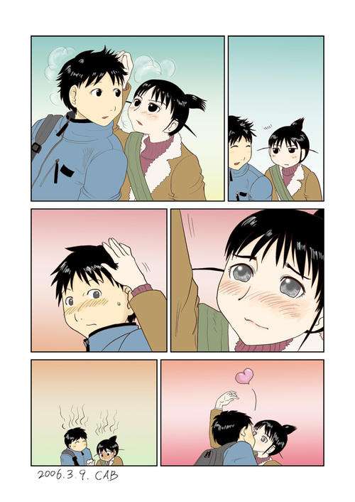 1boy, 1girl, black_eyes, black_hair, blush, breath, comic, couple, dated, full-face_blush, genshiken, heart, hetero, kabaya_kousuke, kiss, ogiue_chika, romance, sasahara_kanji, short_hair, signature, silent_comic, sweat