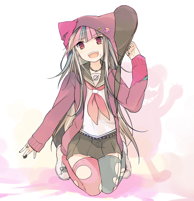 1girl, black_hair, dangan_ronpa, hoodie, long_hair, mioda_ibuki, mizuki_(koko_lost), monokuma