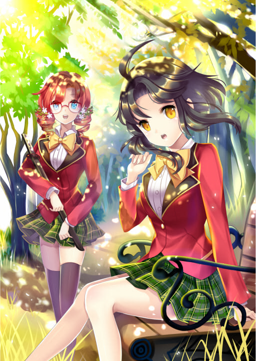 2girls, agrt, black_hair, blazer, blue_eyes, curly_hair, flower, glasses