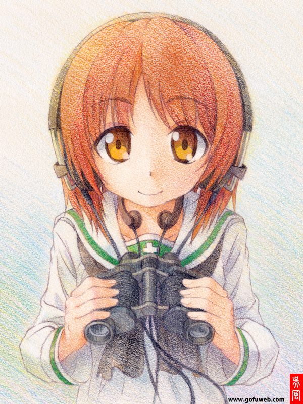 binoculars, blush, brown_eyes, brown_hair, girls_und_panzer, gofu, headphones, headset