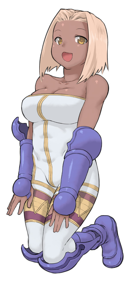 1girl, alternate_color, bare_shoulders, blonde_hair, bodysuit, boots, breasts, bursting_breasts