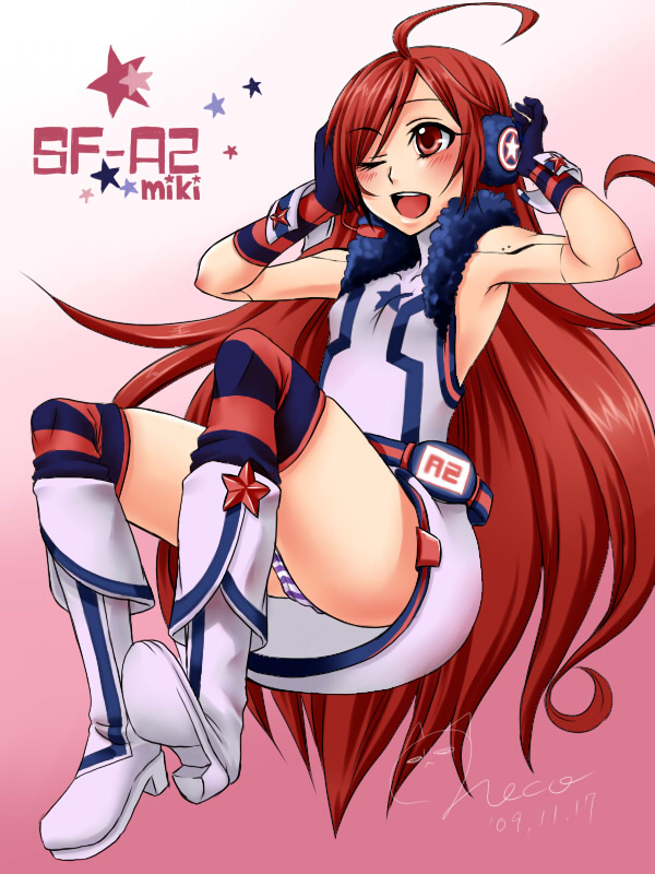 bad_id, belt, blush, boots, dress, earmuffs, gloves, hands_on_earmuffs, hands_on_headphones, headphones, headset, kneehighs, long_hair, miki_(vocaloid), neco666, panties, red_eyes, red_hair, redhead, sf-a2_miki, socks, solo, star, striped, striped_gloves, striped_kneehighs, striped_panties, striped_thighhighs, thigh-highs, thighhighs, underwear, very_long_hair, vocaloid, wink, wrist_cuffs