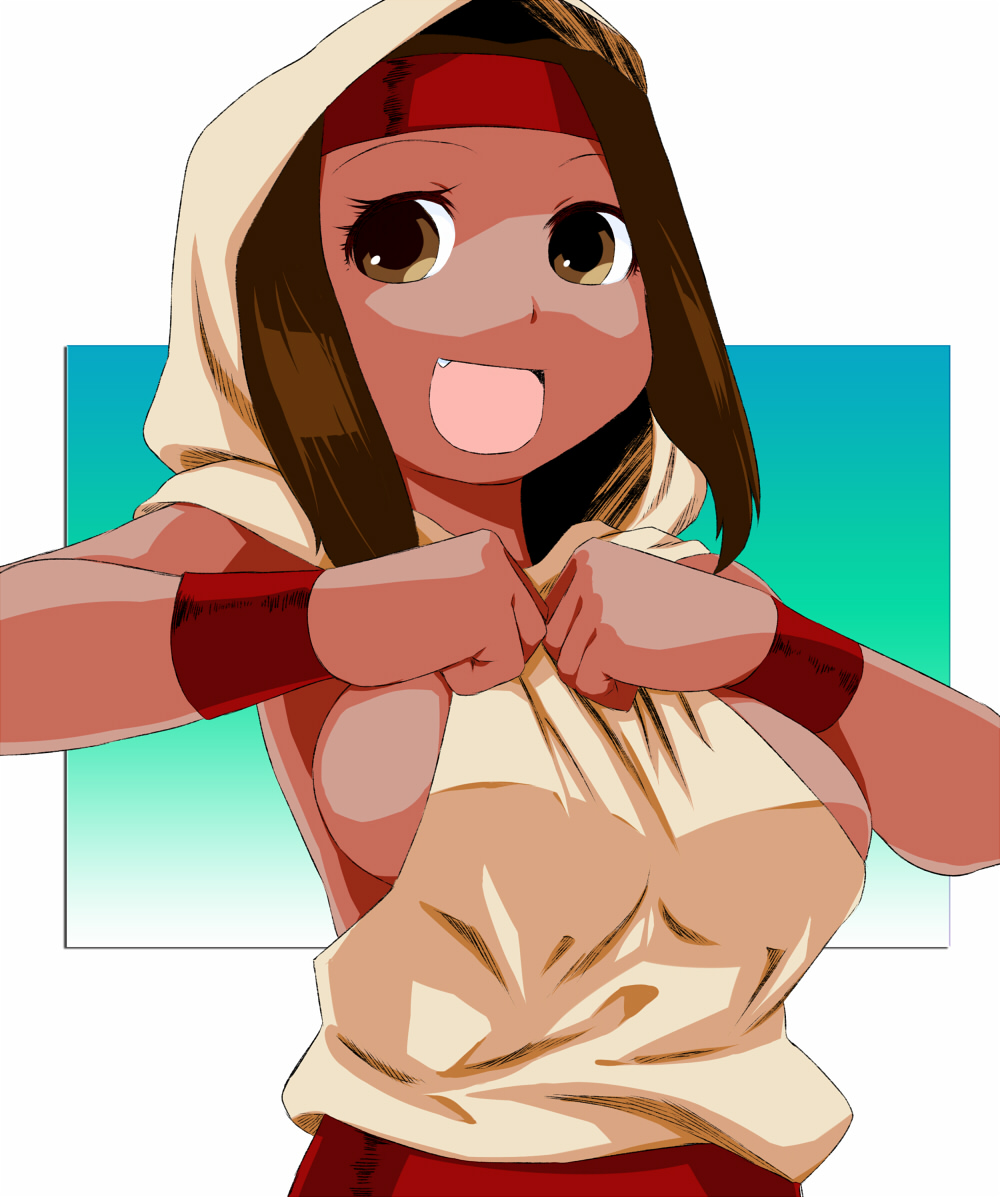 1girl, bracer, breasts, brown_eyes, brown_hair, collaboration, colored, dark_skin