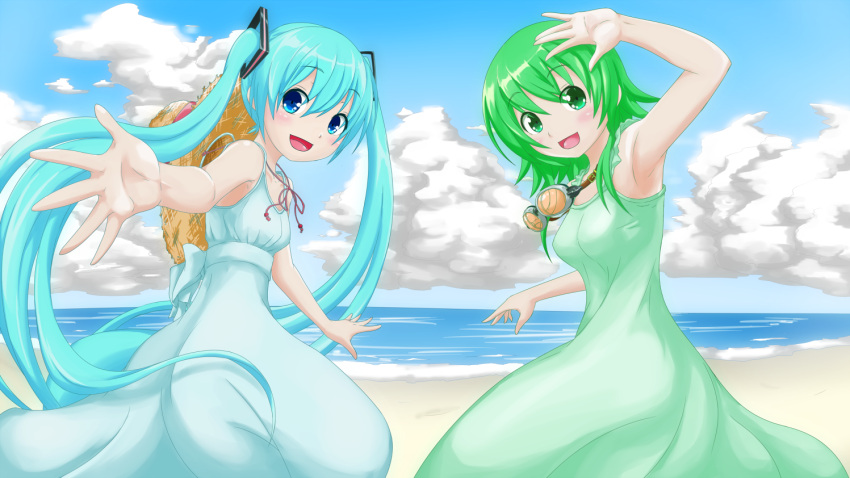 2girls, aqua_hair, armpits, beach, blue_eyes, clouds, dress, goggles