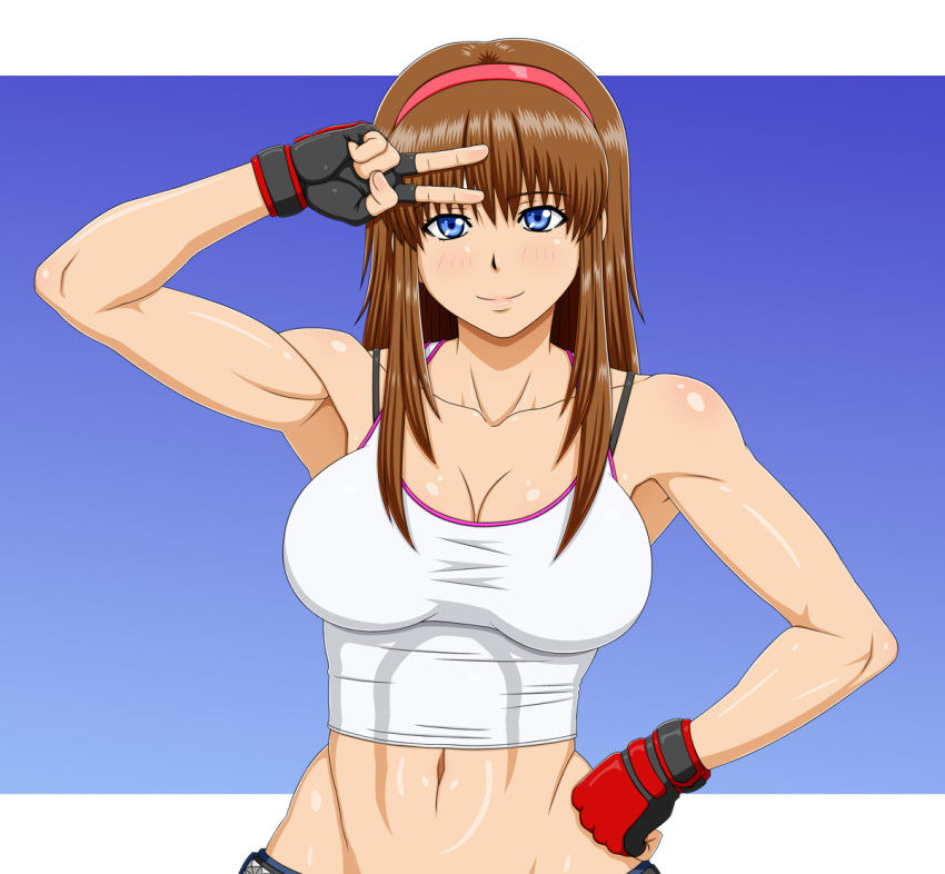 1girl, blue_eyes, blush, breasts, brown_hair, cleavage, crop_top, dead_or_alive, fingerless_gloves, gloves, hairband, hand_on_hip, hitomi, large_breasts, long_hair, makani_kohitujito, muscle, salute, smile, solo, toned, v