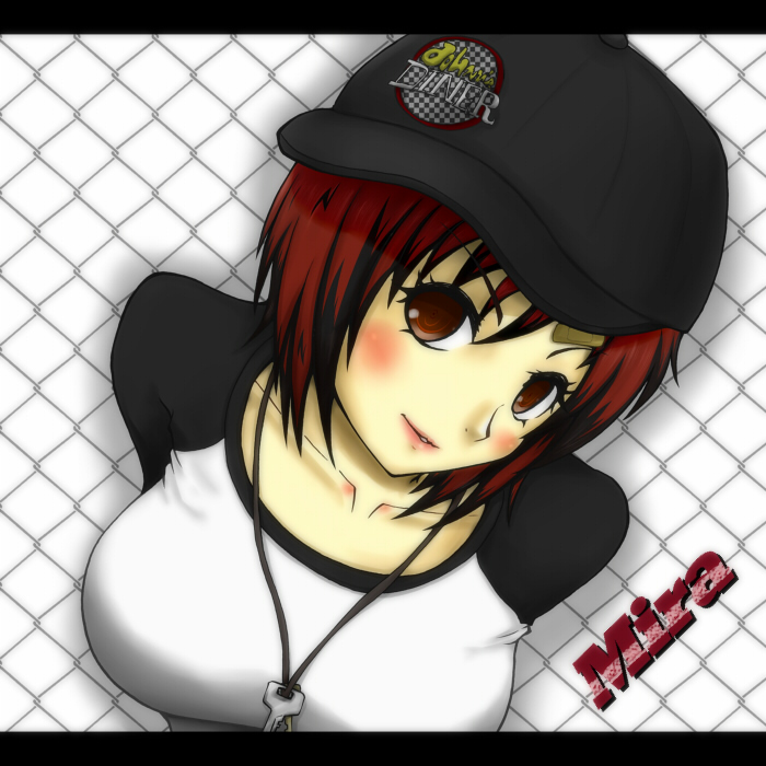 1girl, arms_behind_back, bandaid, baseball_cap, blush, border, breasts, chain-link_fence