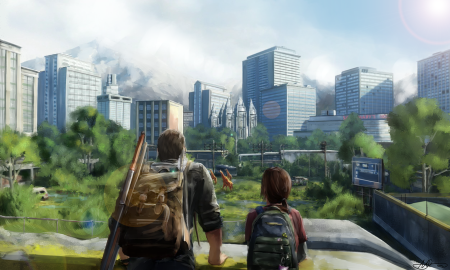1boy, 1girl, backpack, bag, ellie_(the_last_of_us), giraffe, gun, joel_(the_last_of_us), nellafantasia, post-apocalypse, rifle, the_last_of_us, weapon