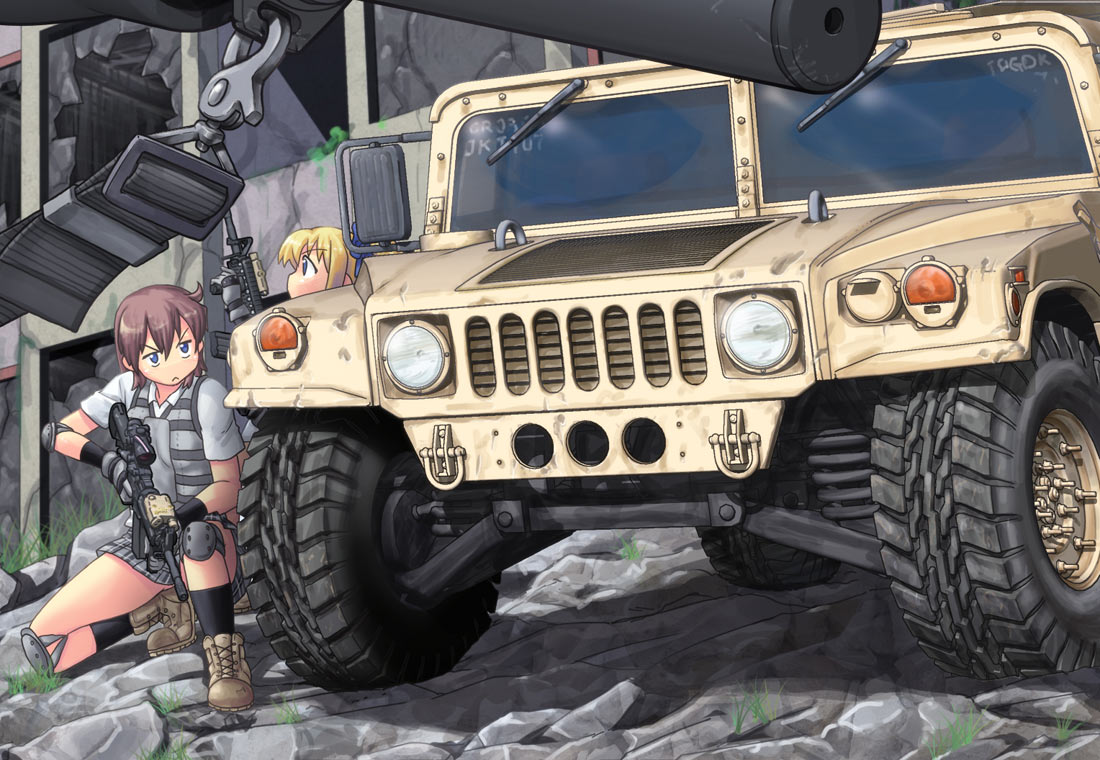 2girls, assault_rifle, blonde_hair, blue_eyes, destruction, gloves, gun, hase_yu