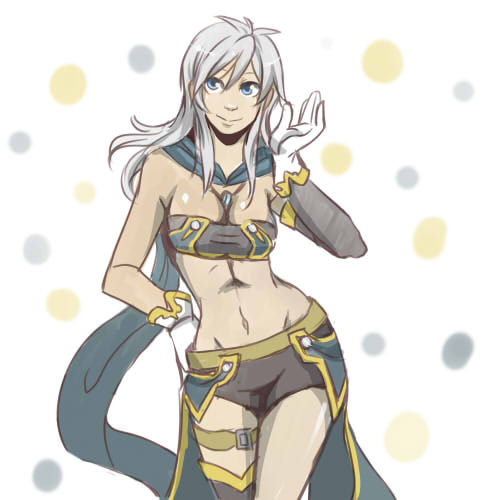 1girl, blue_eyes, breasts, cleavage, contrapposto, gloves, jewelry, long_hair