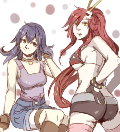 2girls, ass, bikini_top, blue_hair, boots, breasts, brown_eyes, choker