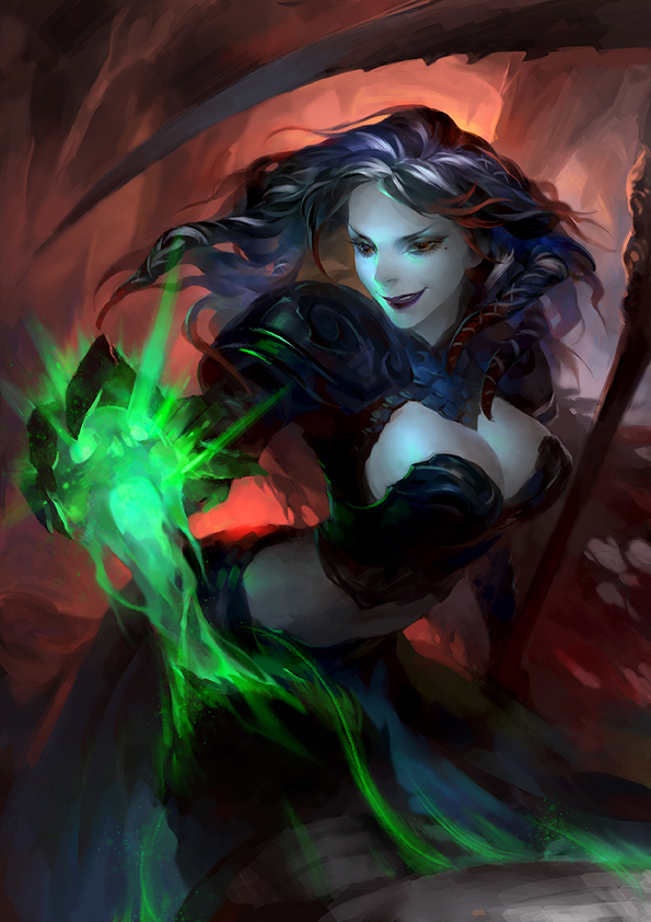 1girl, armor, black_hair, breasts, claws, fire, gauntlets, green_fire