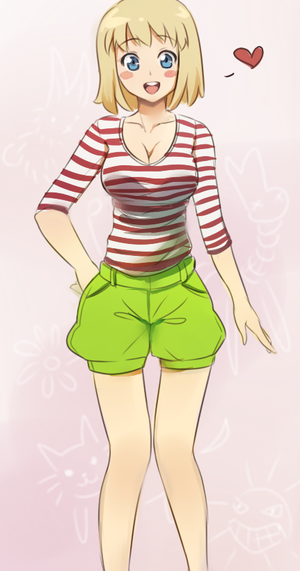 1girl, blonde_hair, blue_eyes, blush_stickers, breasts, cleavage, drawfag, hand_in_pocket
