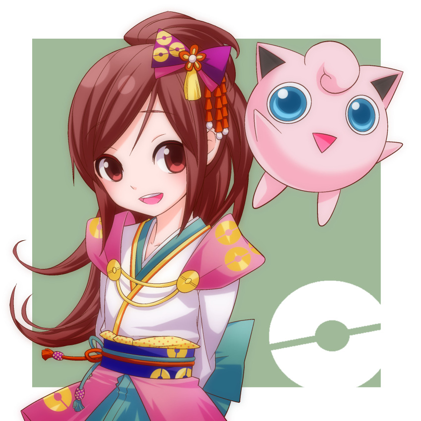 1girl, absurdres, arms_behind_back, brown_hair, highres, jigglypuff, long_hair, looking_at_viewer, nobunaga_no_yabou, oichi_(sengoku_musou), open_mouth, pokemon, pokemon_(creature), pokemon_+_nobunaga_no_yabou, sengoku_musou, smile, solo, wakabayashi_toshiya