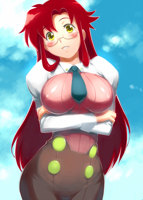 breasts, crossed_arms, curvy, glasses, large_breasts, long_hair, necktie, red_hair
