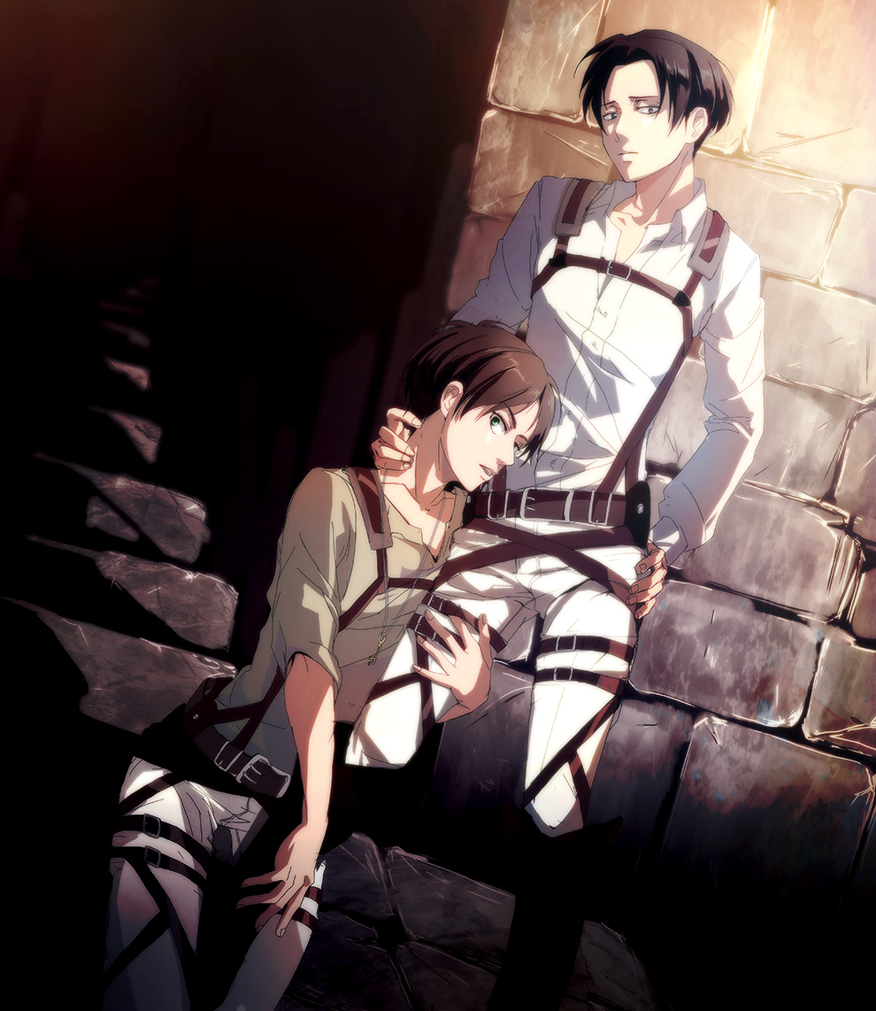 2boys, belt, black_hair, brown_hair, eren_jaeger, kawauso, levi_(shingeki_no_kyojin), multiple_boys