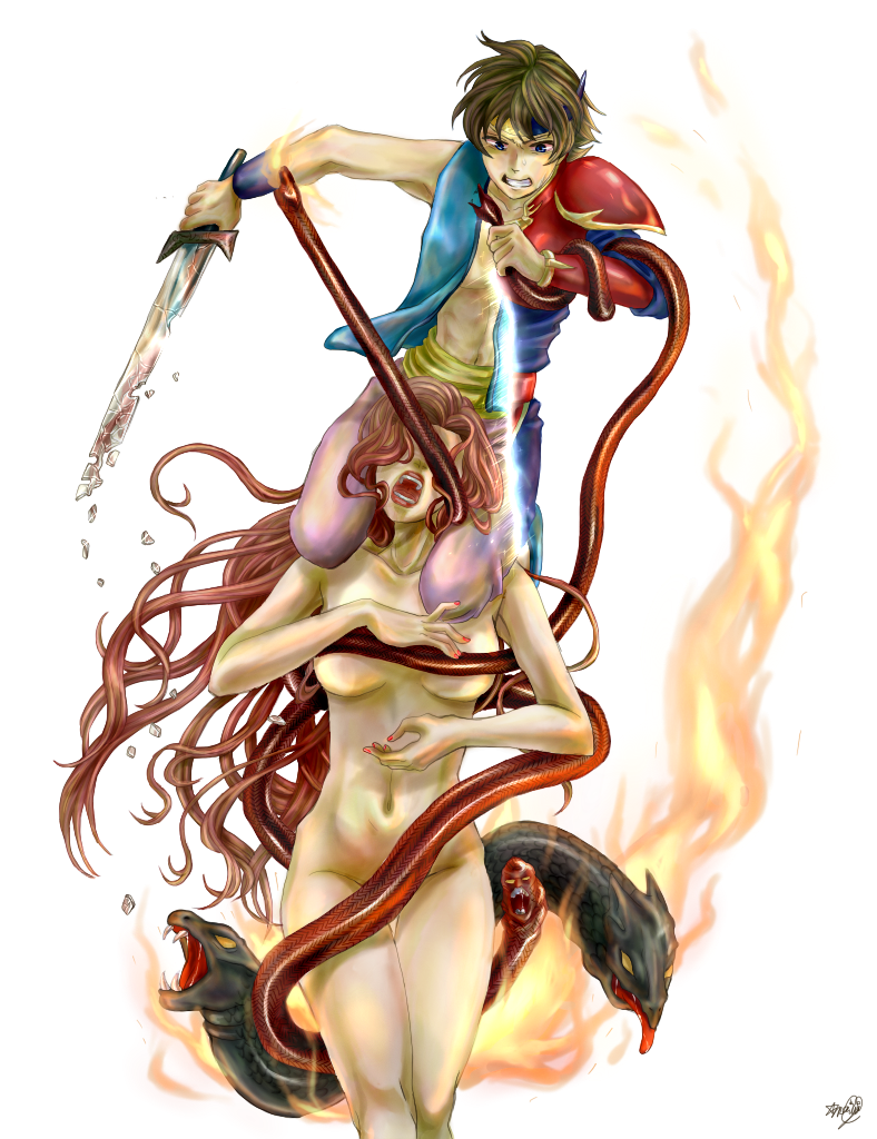 brown_hair, butz_klauser, final_fantasy, final_fantasy_v, fire, krs, long_hair, melusine