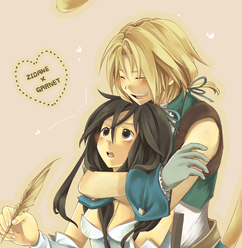 1girl, black_hair, blonde_hair, blush, brown_eyes, closed_eyes, couple, final_fantasy