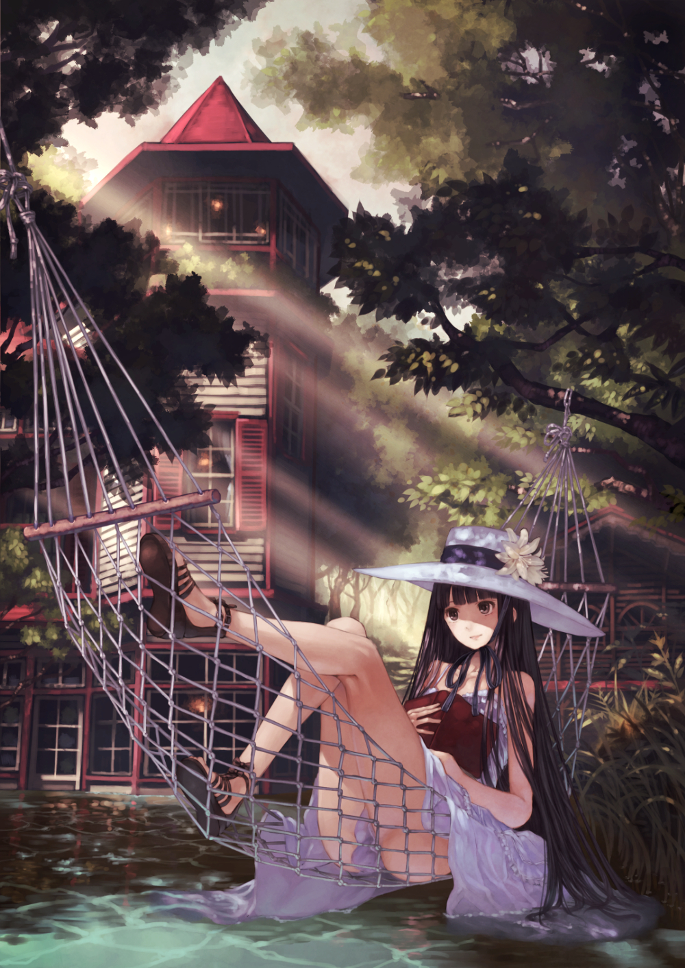 1girl, black_hair, book, brown_eyes, dress, hammock, hat, highres