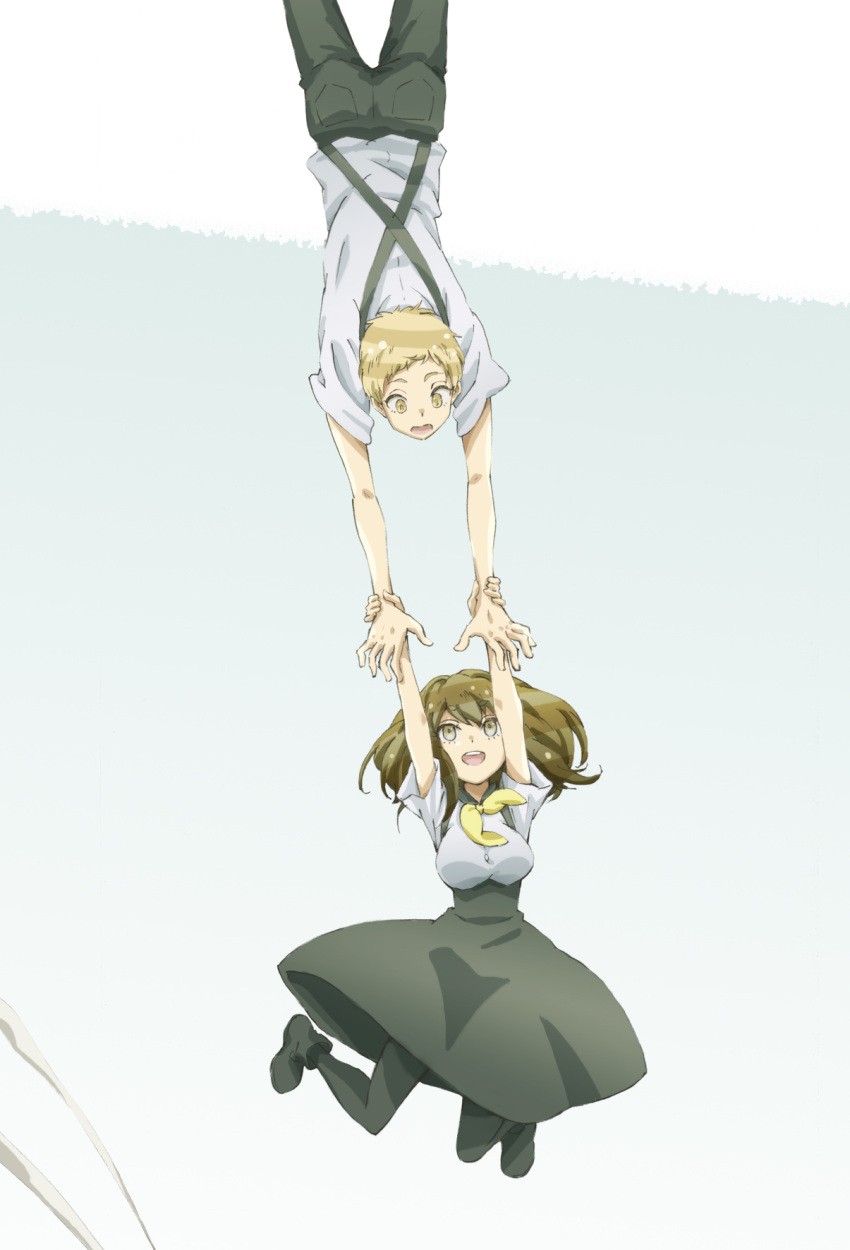 1boy, 1girl, :d, blonde_hair, brown_hair, falling, gatchaman_crowds, grey_eyes