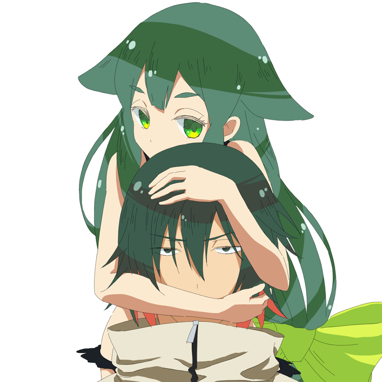 1boy, 1girl, bow, face_hug, gatchaman_crowds, green_eyes, green_hair, hachi_kou