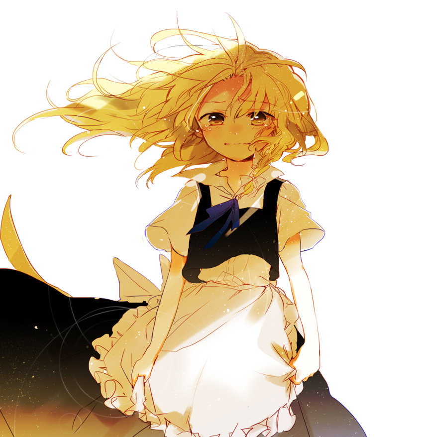 1girl, apron_grab, blonde_hair, clothes_grab, highres, kirisame_marisa, no_hat, poprication, sad, simple_background, solo, tears, touhou, white_background, yellow_eyes