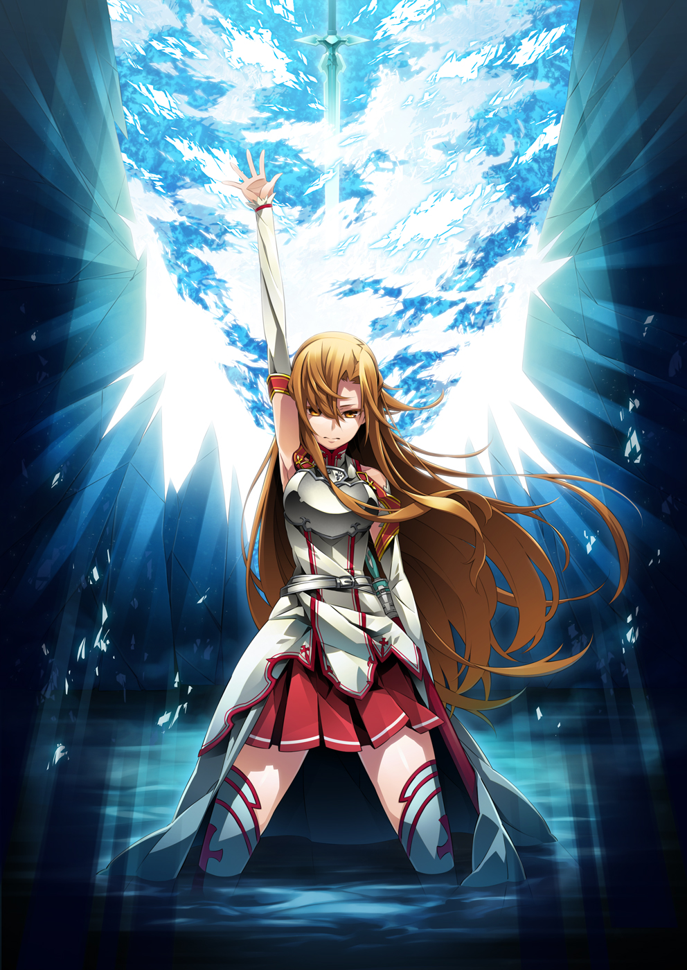 1girl, arm_up, armor, asuna_(sao), bare_shoulders, belt, breastplate, brown_eyes