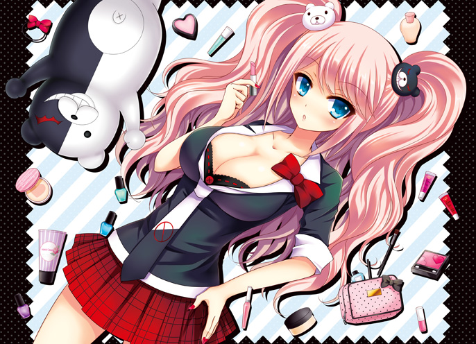 1girl, blue_eyes, bow, breasts, cleavage, cosmetics, dangan_ronpa, enoshima_junko, hair_ornament, lip_balm, lipgloss, lipstick, long_hair, makeup, makeup_brush, monokuma, nail_polish, necktie, pink_hair, school_uniform, skirt, sleeves_rolled_up, spoilers, twintails