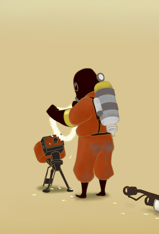 flamethrower, gas_mask, gloves, sentry, simple_background, solo, standing, team_fortress_2, the_pyro, weapon, who93