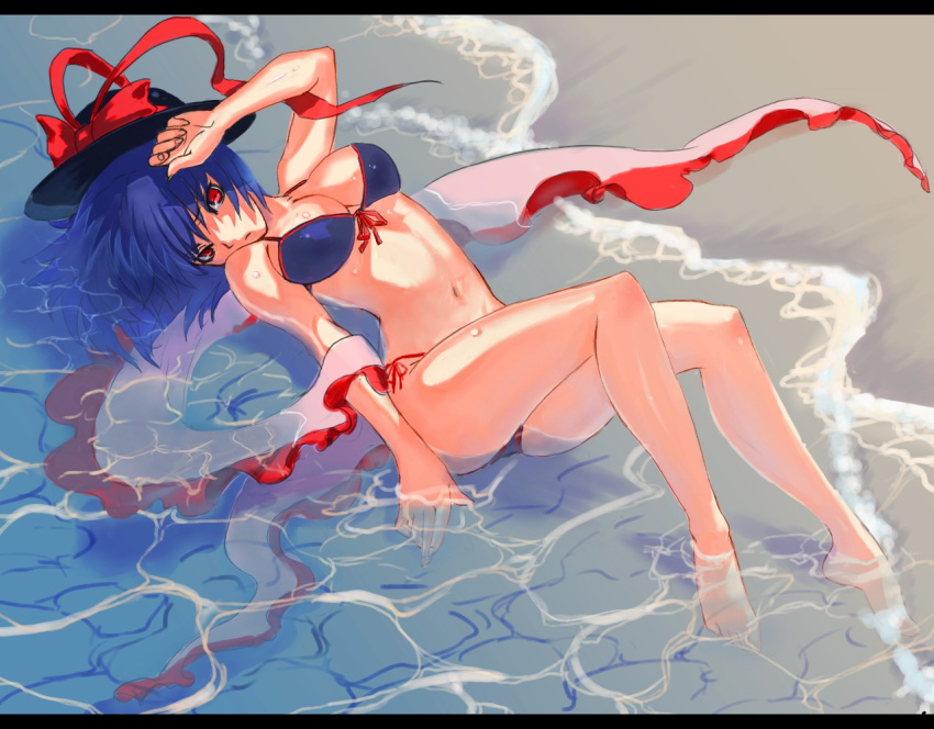 beach, bikini, blue_hair, breasts, cleavage, feet, front-tie_top, hat, large_breasts, legs, long_hair, lying, nagae_iku, navel, on_back, red_eyes, shawl, short_hair, side-tie_bikini, solo, sweat, swimsuit, touhou, tsurime, vica, wading, water