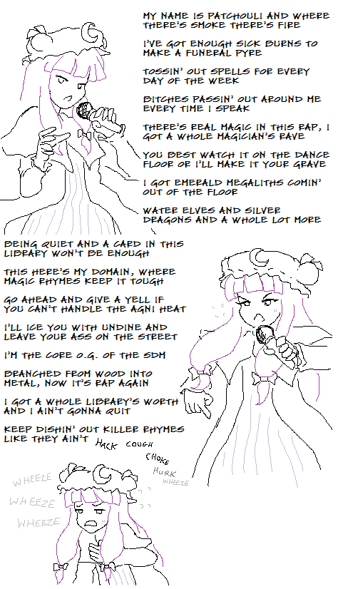 coughing, crescent, hat, lowres, microphone, oekaki, patchouli_knowledge, purple_hair