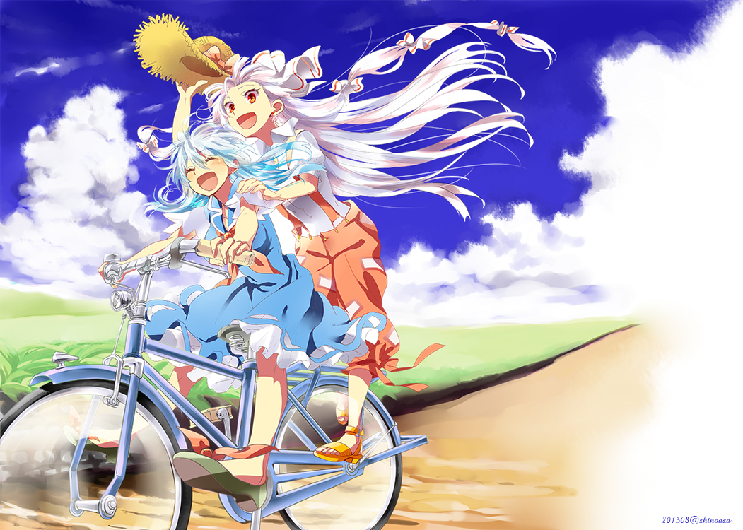 2girls, bicycle, bicycle_riding, blue_dress, blue_sky, bow, closed_eyes, clouds, dress, fujiwara_no_mokou, hair_bow, hair_ribbon, hat, kamishirasawa_keine, long_hair, multiple_girls, pants, red_eyes, ribbon, shinoasa, shirt, short_sleeves, silver_hair, sky, straw_hat, suspenders, touhou, tress_ribbon, very_long_hair
