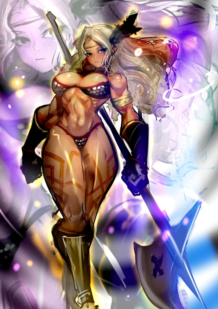 1girl, amazon_(dragon's_crown), armor, bikini_armor, blonde_hair, boots, breasts, circlet, dragon's_crown, feathers, gloves, halberd, jintetsu, large_breasts, long_hair, muscle, polearm, tattoo, thick_thighs, thighs, weapon