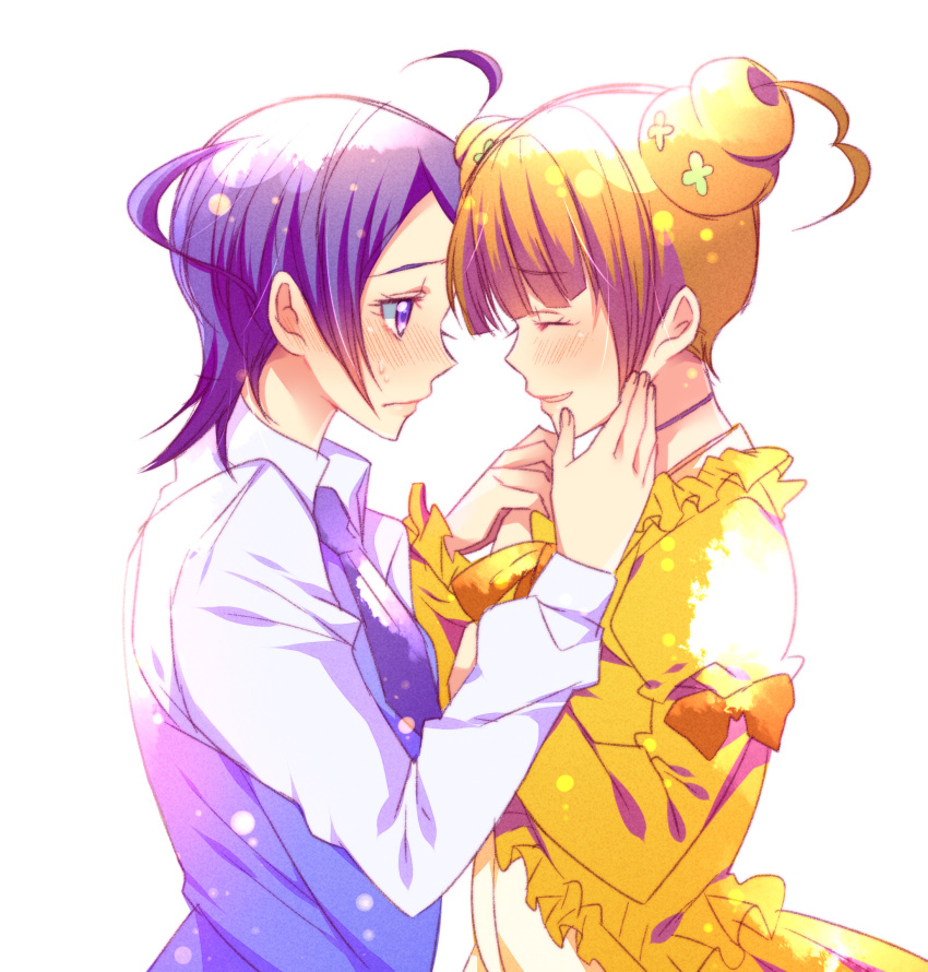 2girls, blush, closed_eyes, couple, dokidoki!_precure, double_bun, engaya_soruto, face-to-face