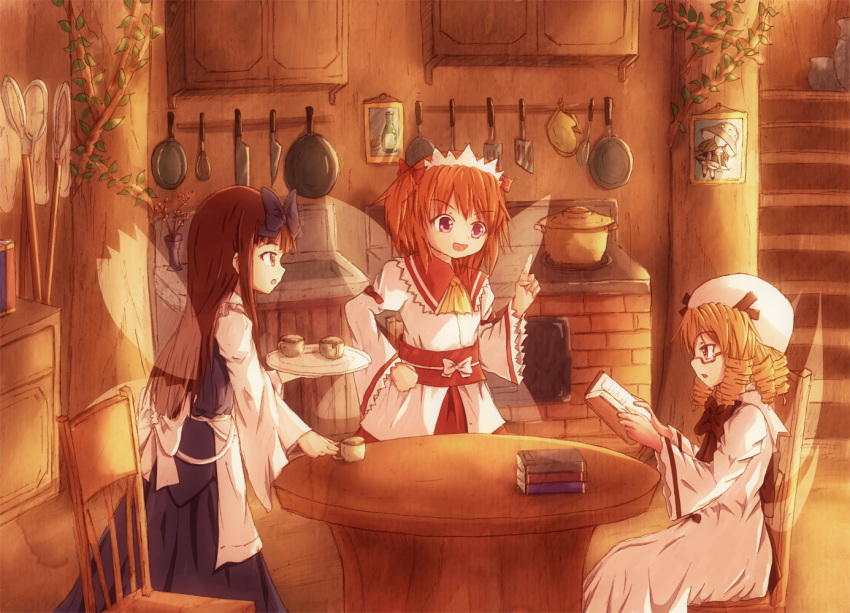 3girls, apron, blonde_hair, blush, book, bow, brown_eyes, brown_hair, butterfly_net, chair, cup, dress, drill_hair, frying_pan, glasses, hair_bow, hand_net, hat, hikariniji, house, interior, kitchen, knife, long_hair, luna_child, maid_headdress, multiple_girls, obi, open_mouth, portrait, pot, reading, red_eyes, ribbon, short_hair, sitting, skirt, smile, spatula, spoon, star_sapphire, sunny_milk, table, touhou, tray, twintails, whisk, wings, winks