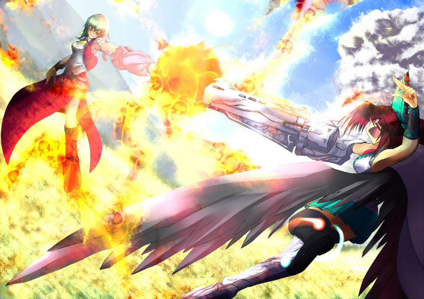 2girls, aerial_battle, arm_cannon, ascot, battle, bow, cape, energy_ball