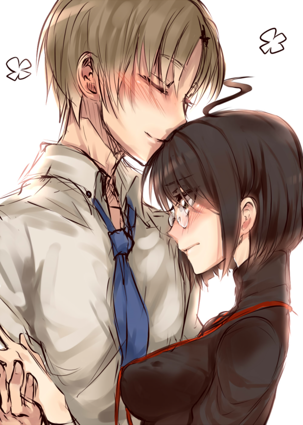 1boy, 1girl, ahoge, black_hair, blush, brown_eyes, brown_hair, glasses