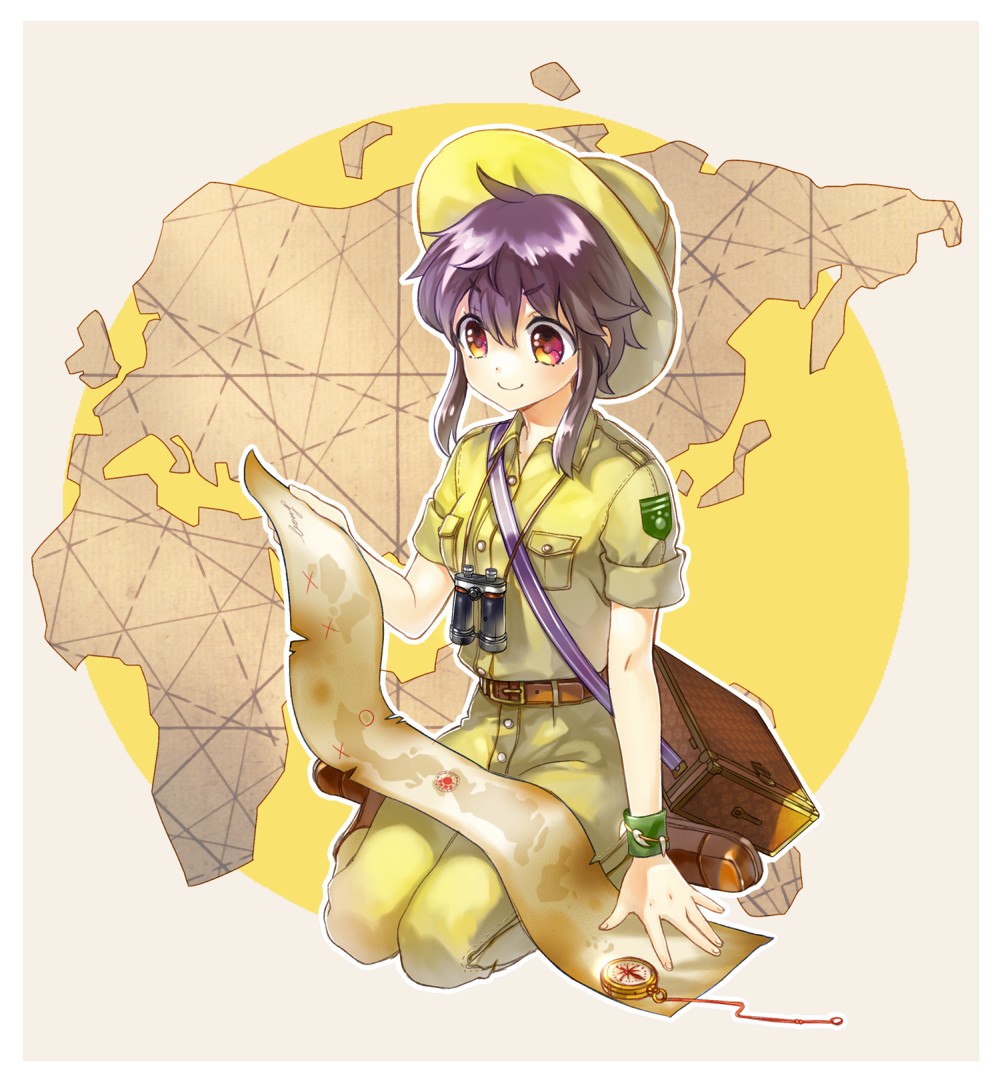 1girl, belt, binoculars, black_hair, boots, bracelet, compass, hat